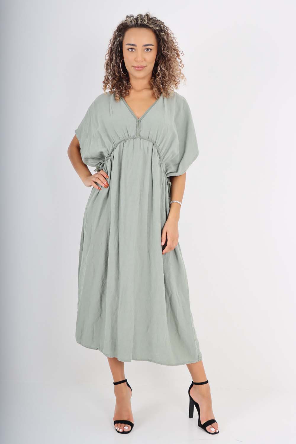 Italian Drawestring Front Flared Linen Dress For Women  - Dropwear