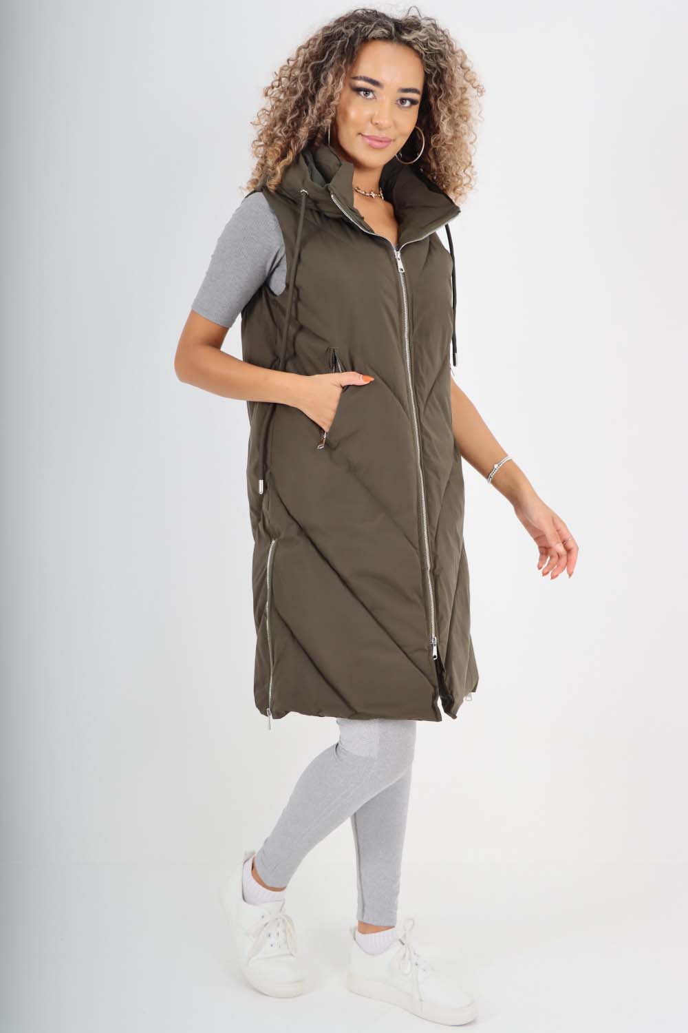 Italian Padded Pockets Hooded Zip up Long Gilet For Women  - Dropwear