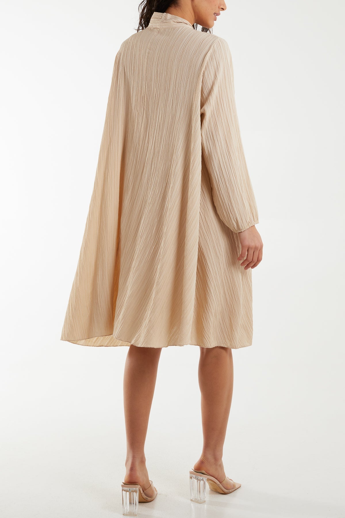 Pussy Bow Crinkle Fabric Midi Dress For Women  - Dropwear