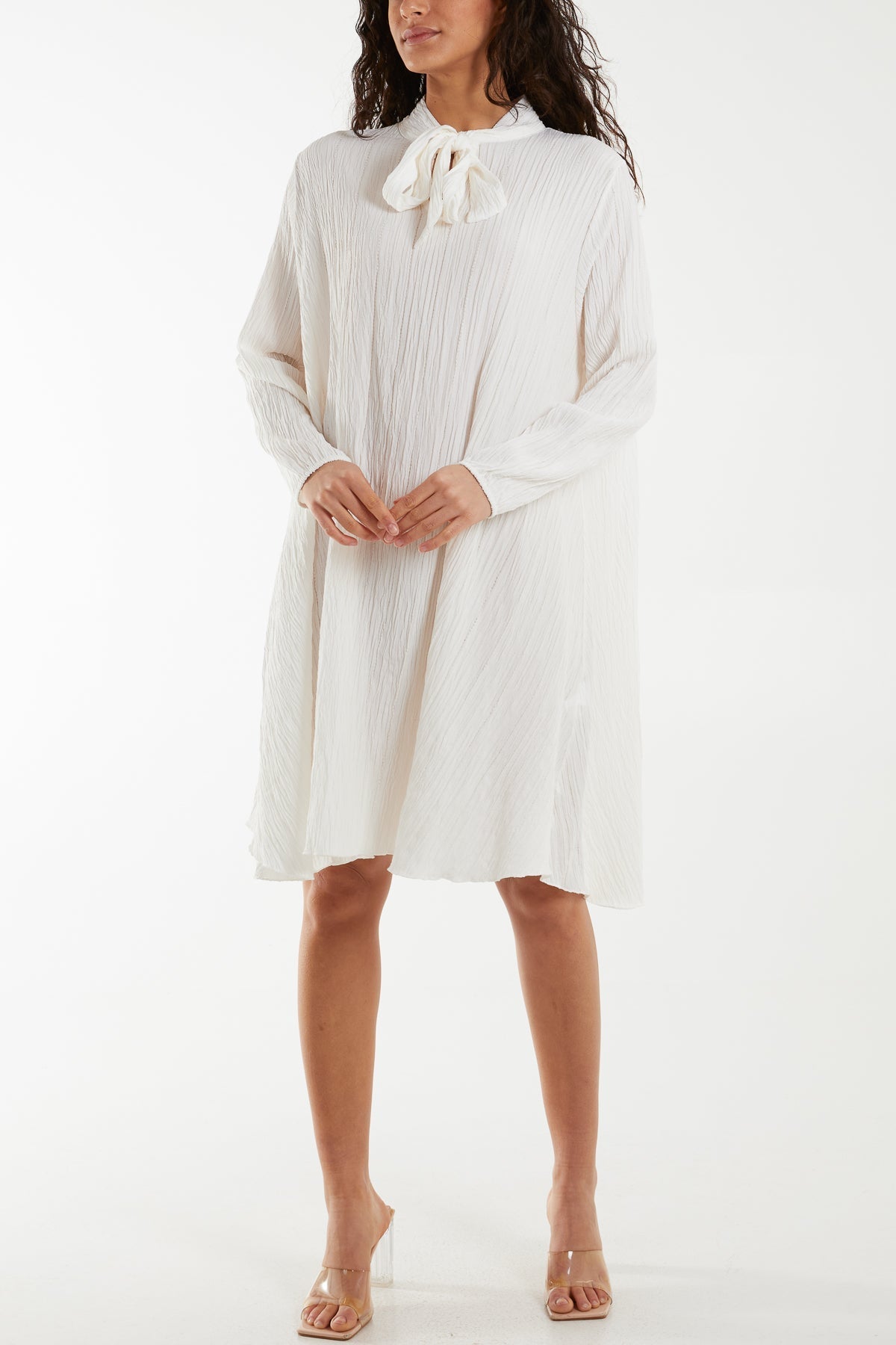 Pussy Bow Crinkle Fabric Midi Dress For Women  - Dropwear