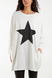 Cream Foil Star Side Pockets Sweatshirt Dress For Women ONE SIZE - Dropwear