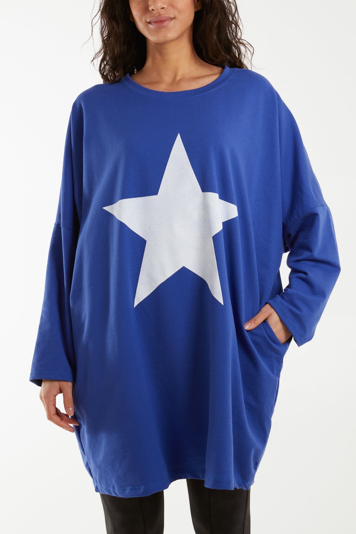 Light Blue Foil Star Side Pockets Sweatshirt Dress For Women ONE SIZE - Dropwear