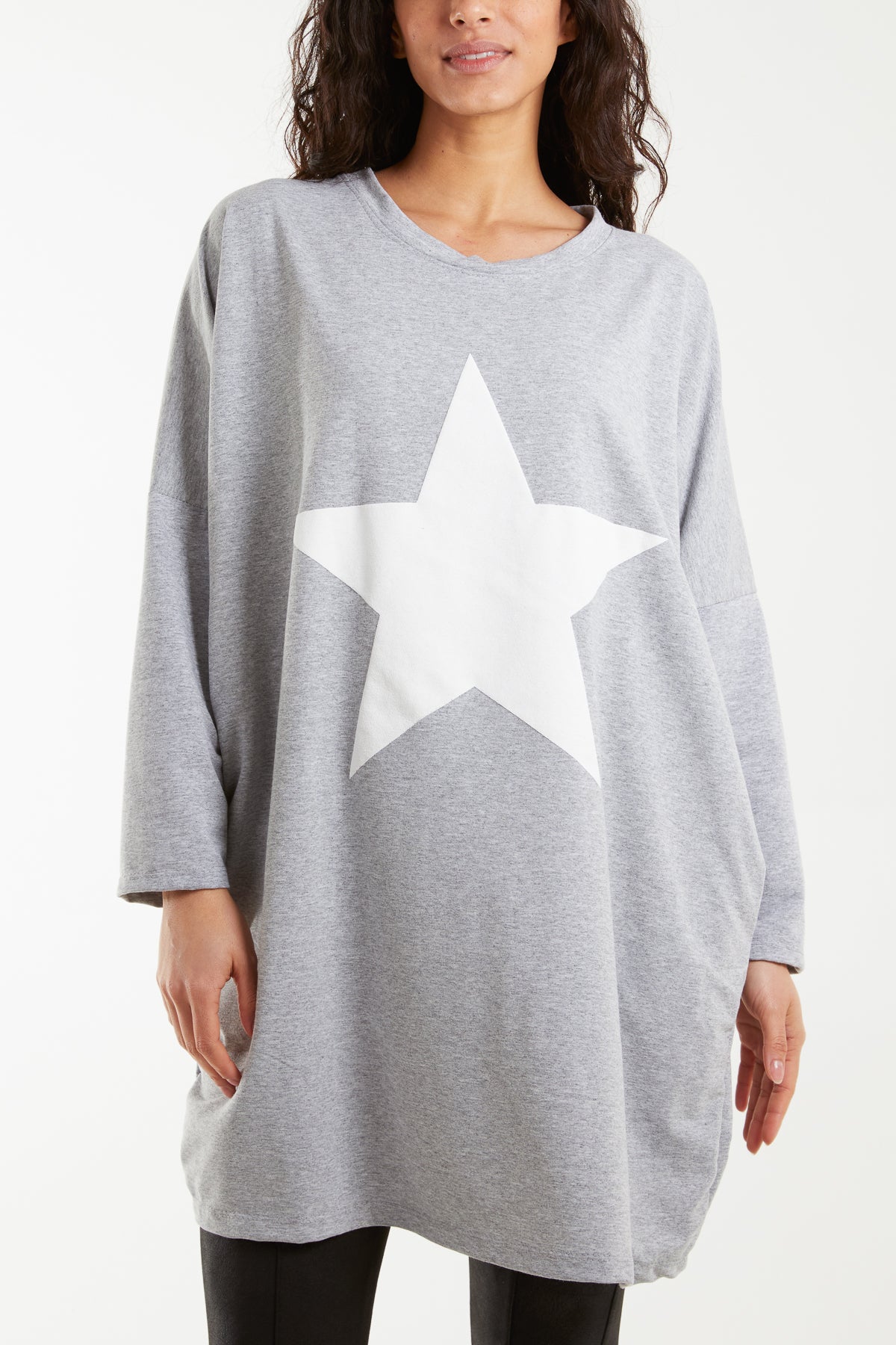 Beige Foil Star Side Pockets Sweatshirt Dress For Women ONE SIZE - Dropwear