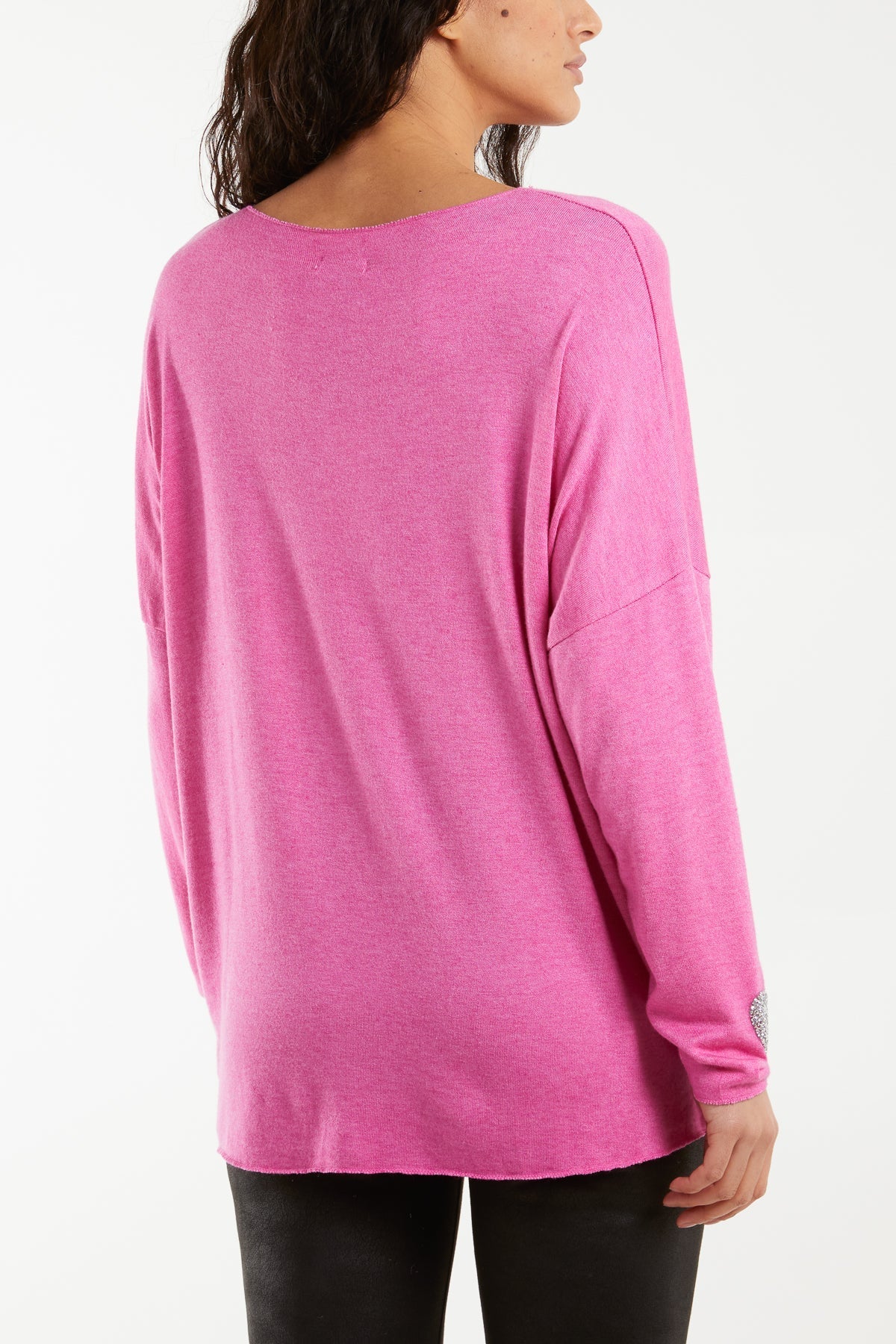 Denim Appliqued Heart Sleeves Fine Knit Jumper For Women ONE SIZE - Dropwear
