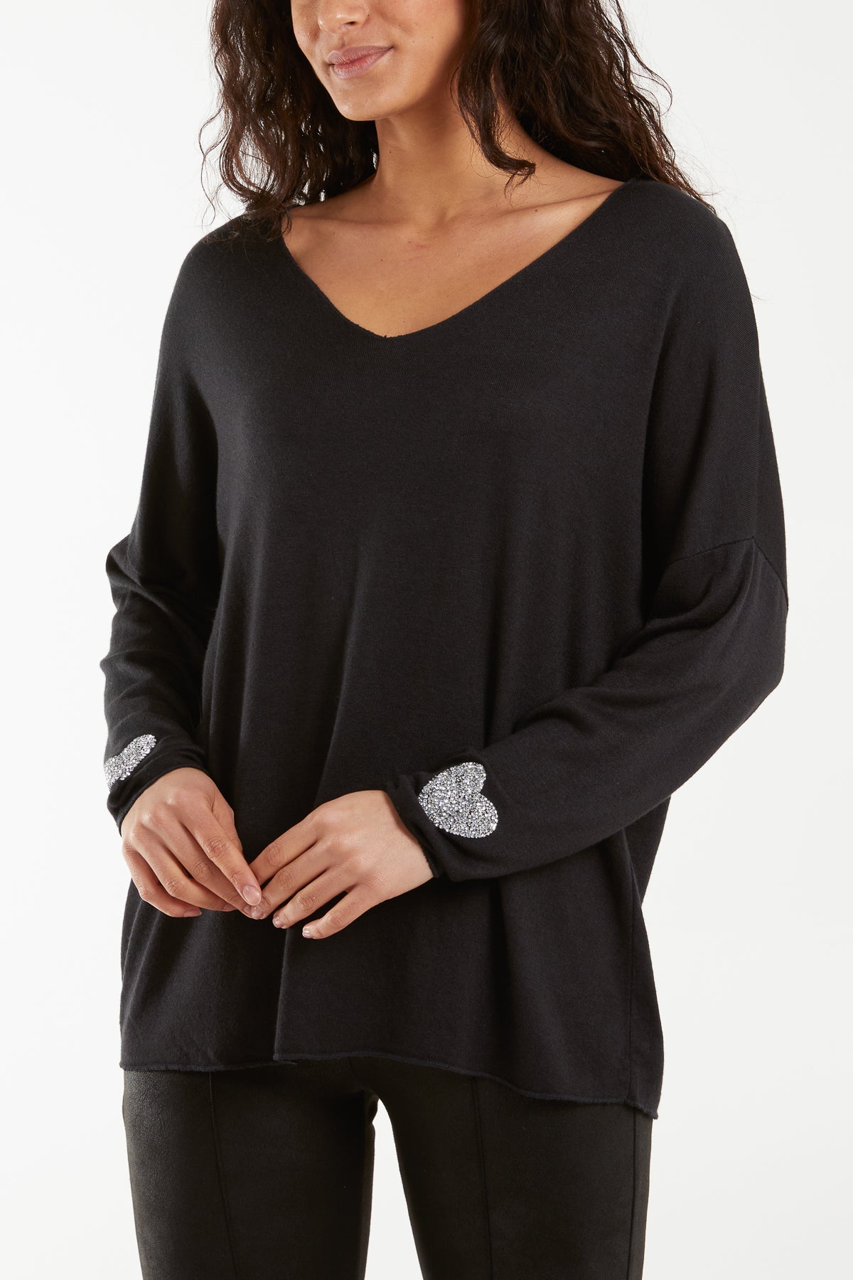 Fuchsia Appliqued Heart Sleeves Fine Knit Jumper For Women ONE SIZE - Dropwear