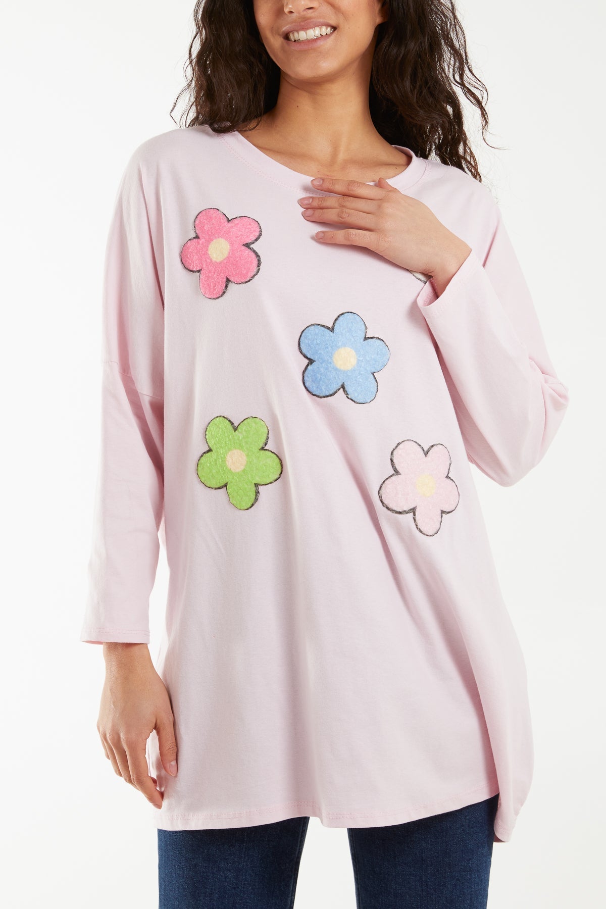 Hot Pink Multicolour Fluffy Daisy Long Sleeve Top For Women ONE SIZE - Dropwear
