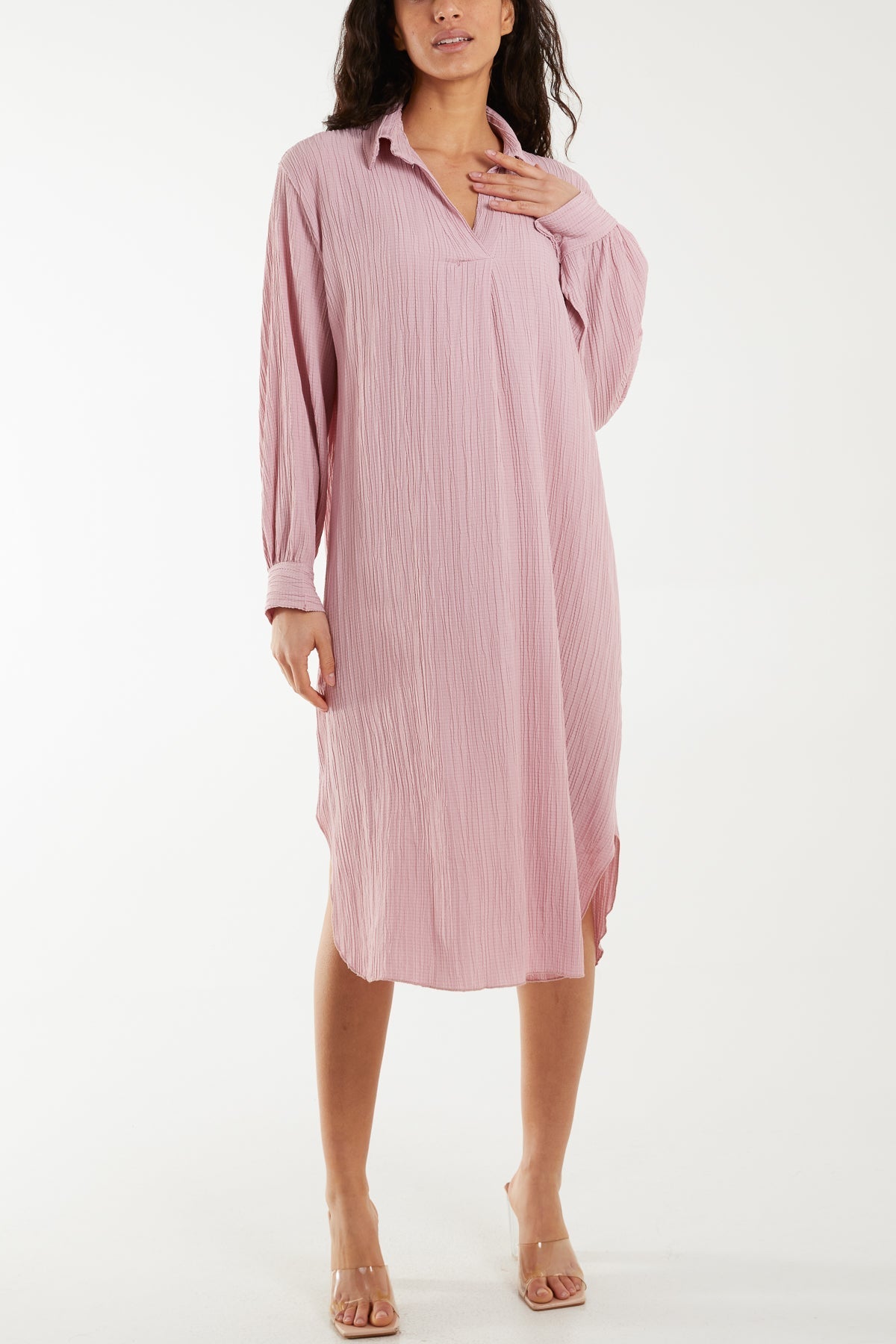 Stone Open Collar Crinkle Midi Dress For Women ONE SIZE - Dropwear