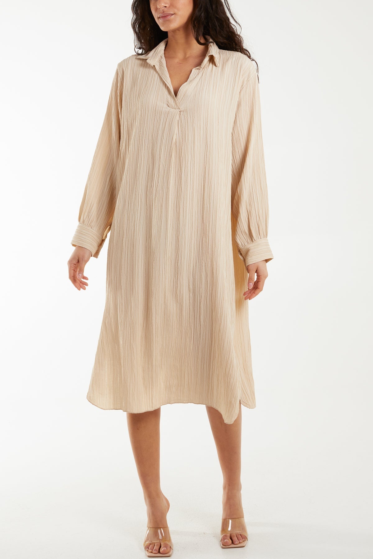 Open Collar Crinkle Midi Dress For Women  - Dropwear