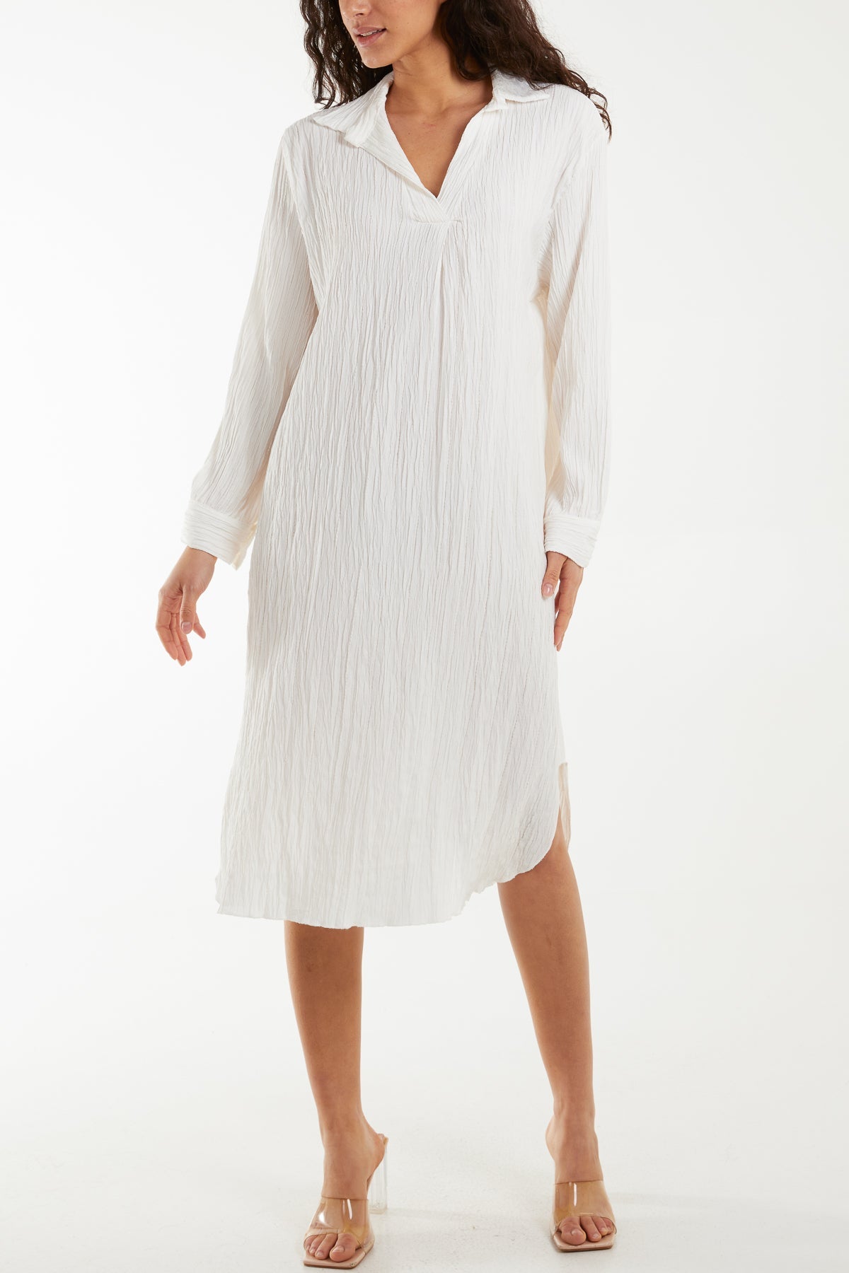 Open Collar Crinkle Midi Dress For Women  - Dropwear