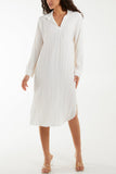 Open Collar Crinkle Midi Dress For Women  - Dropwear