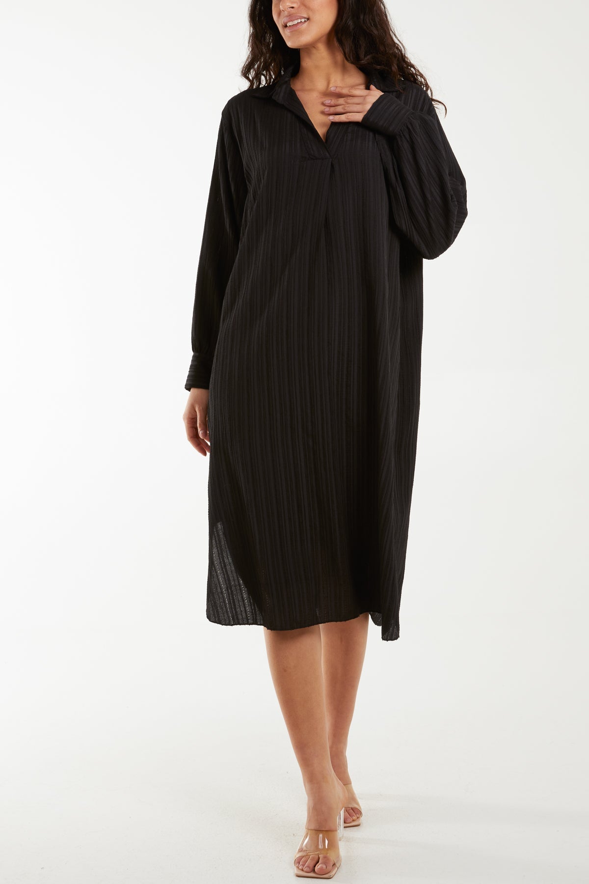 Blush Open Collar Crinkle Midi Dress For Women ONE SIZE - Dropwear