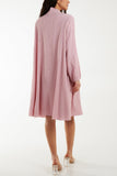 Cream Pussy Bow Crinkle Fabric Midi Dress For Women ONE SIZE - Dropwear
