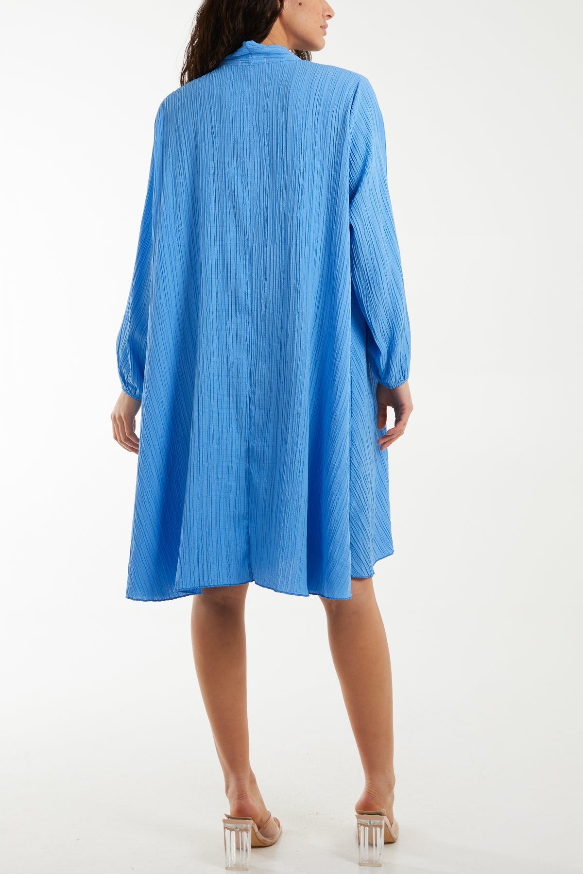 Blue Pussy Bow Crinkle Fabric Midi Dress For Women ONE SIZE - Dropwear