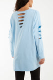 Sleeve & Back Distressed Cut Out long Top For Women  - Dropwear