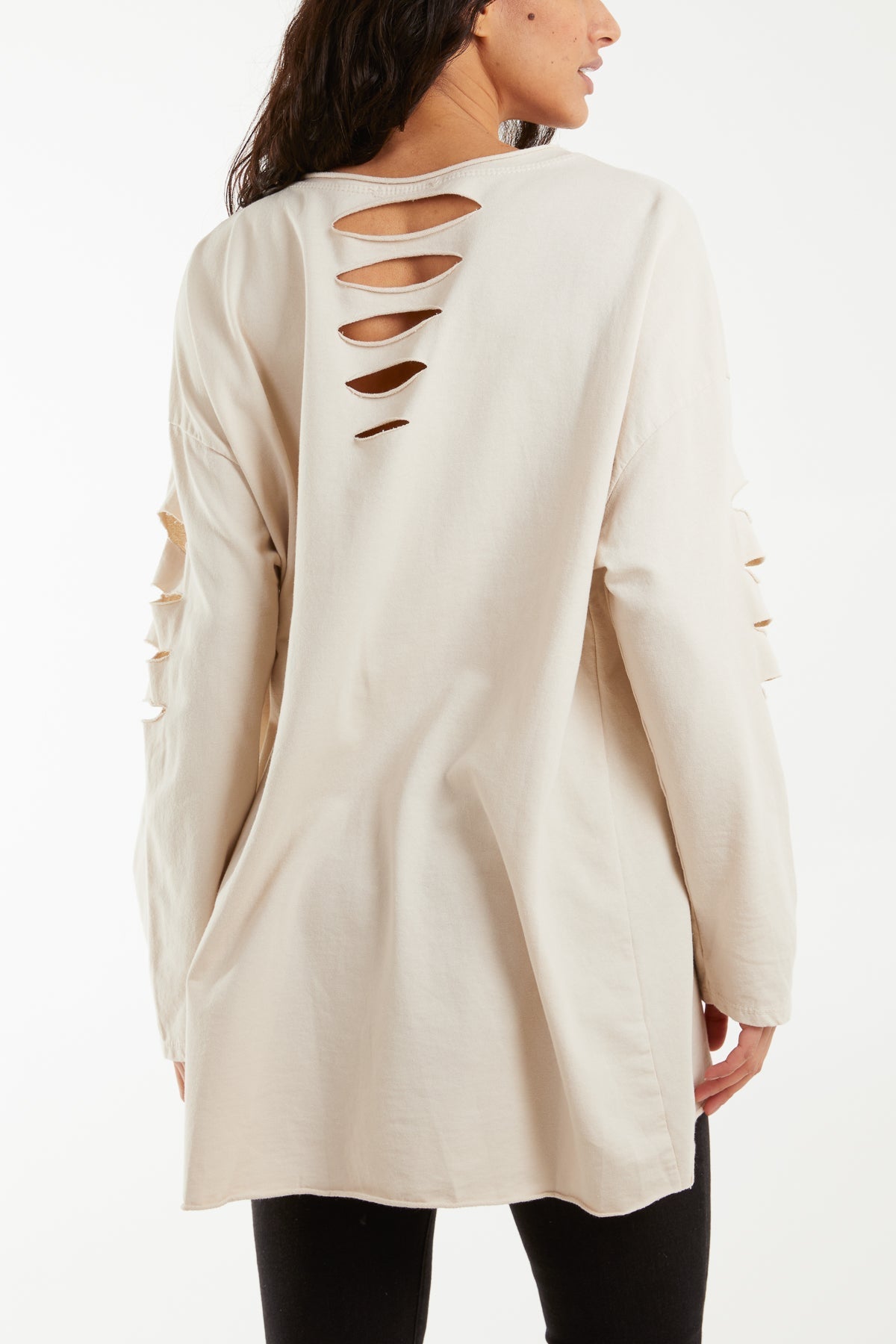 Sleeve & Back Distressed Cut Out long Top For Women  - Dropwear