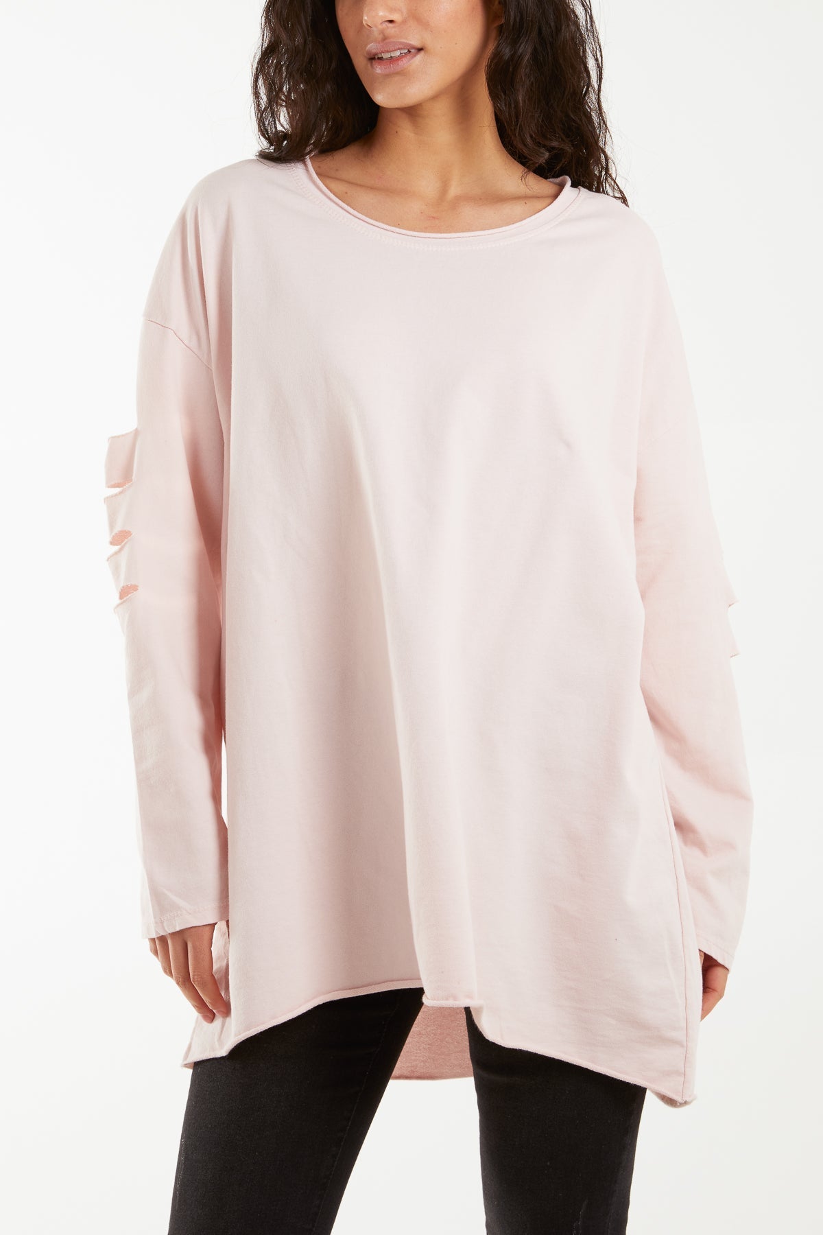 Black Sleeve & Back Distressed Cut Out long Top For Women ONE SIZE - Dropwear