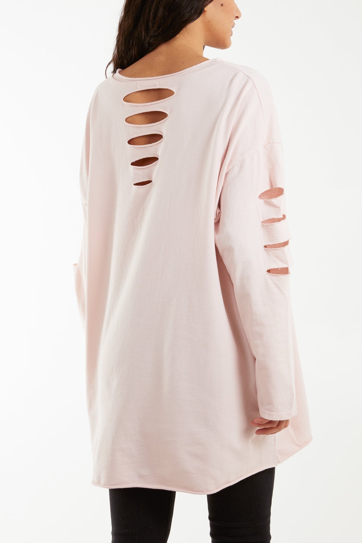 Stone Sleeve & Back Distressed Cut Out long Top For Women ONE SIZE - Dropwear