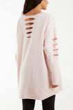 Stone Sleeve & Back Distressed Cut Out long Top For Women ONE SIZE - Dropwear