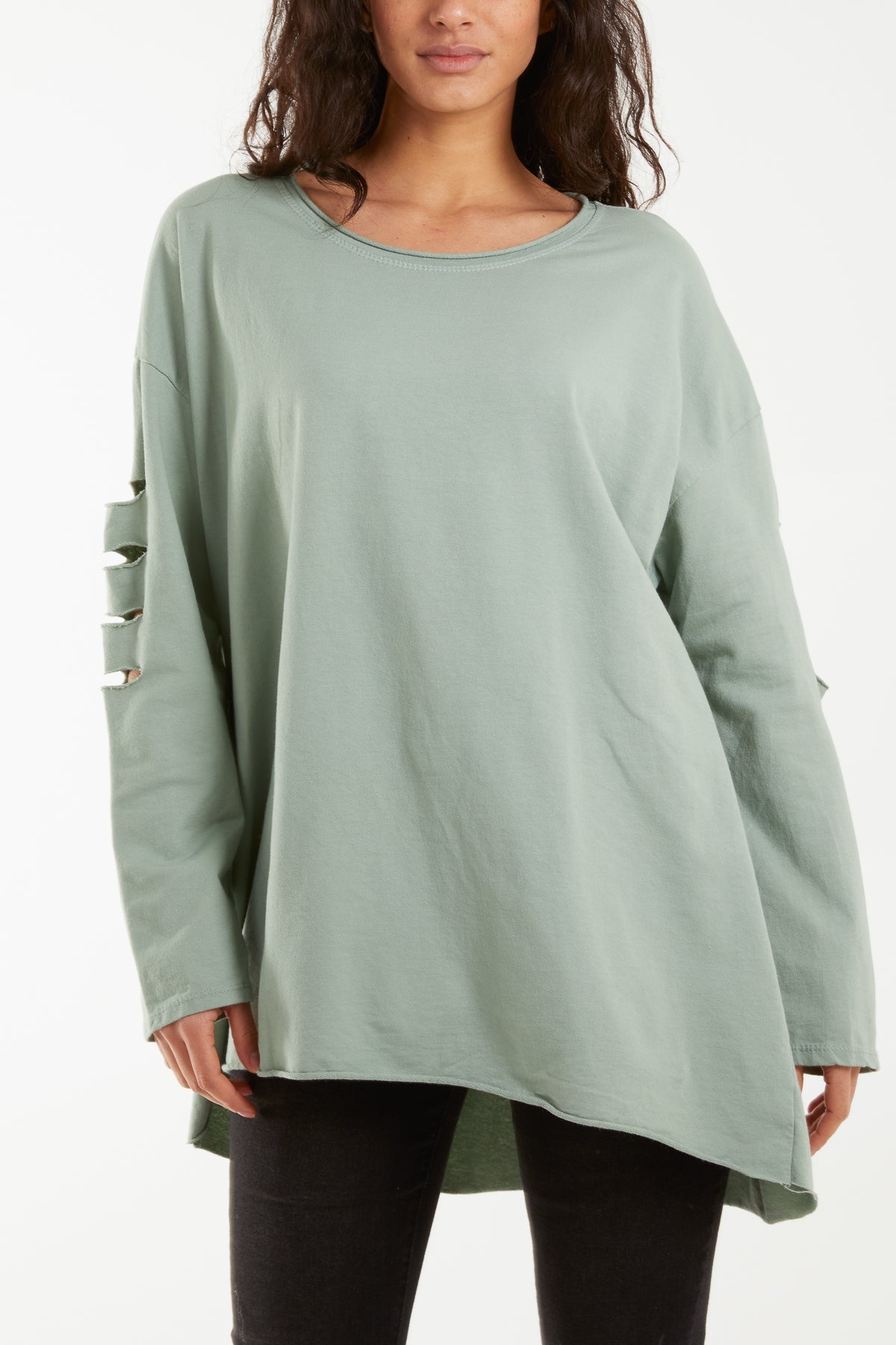 Khaki Sleeve & Back Distressed Cut Out long Top For Women ONE SIZE - Dropwear
