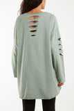 Denim Sleeve & Back Distressed Cut Out long Top For Women ONE SIZE - Dropwear