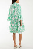 Hot Pink Roses Print Tiered Smock Dress For Women ONE SIZE - Dropwear