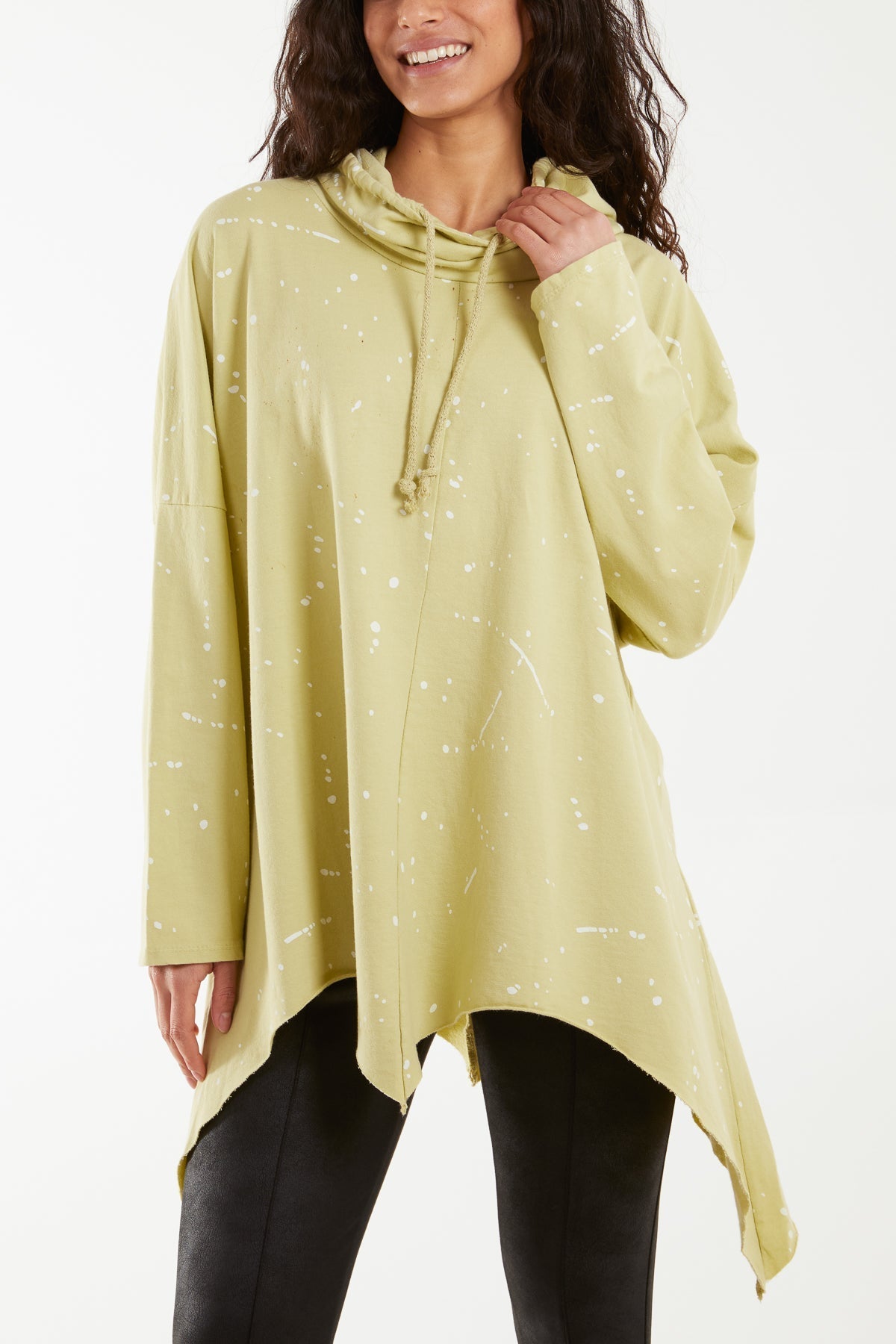 Beige Paint Splatter Cowl Neck Hanky Hem Sweatshirt For Women ONE SIZE - Dropwear
