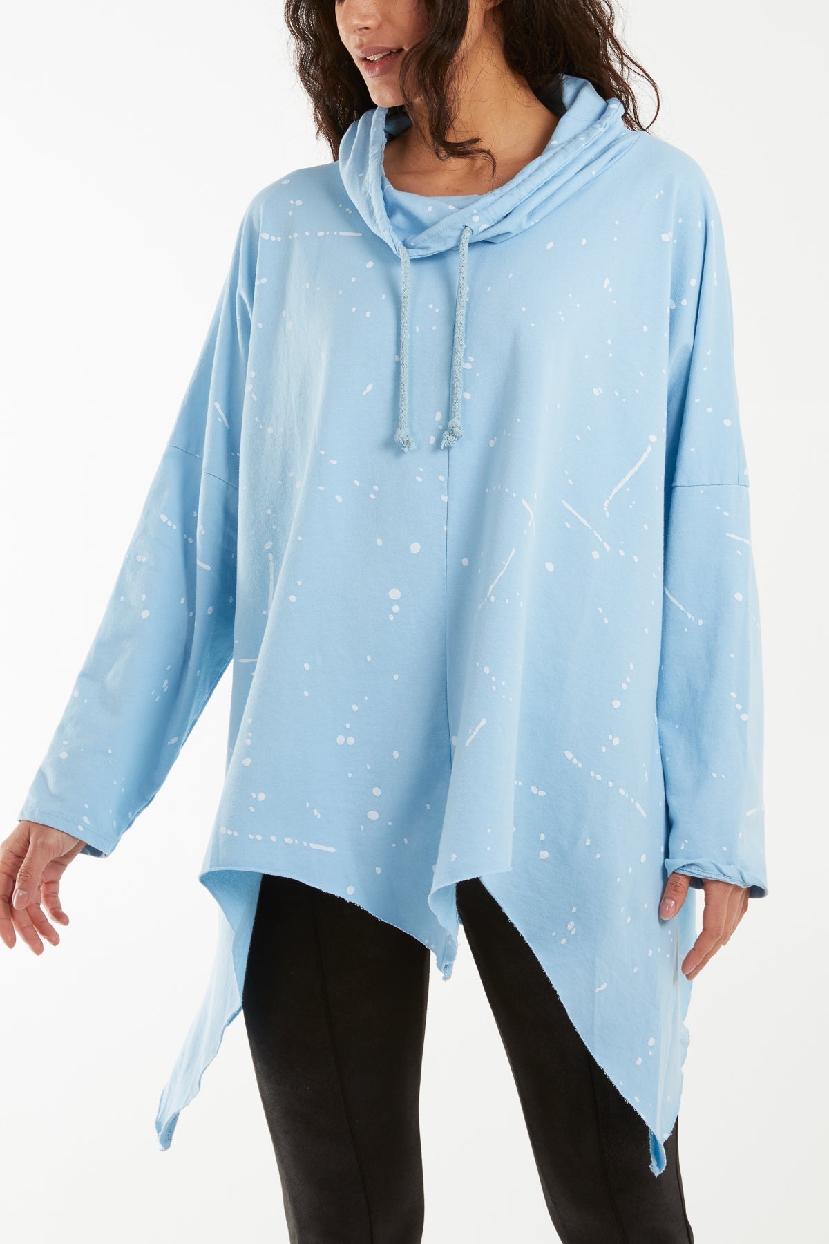 Black Paint Splatter Cowl Neck Hanky Hem Sweatshirt For Women ONE SIZE - Dropwear