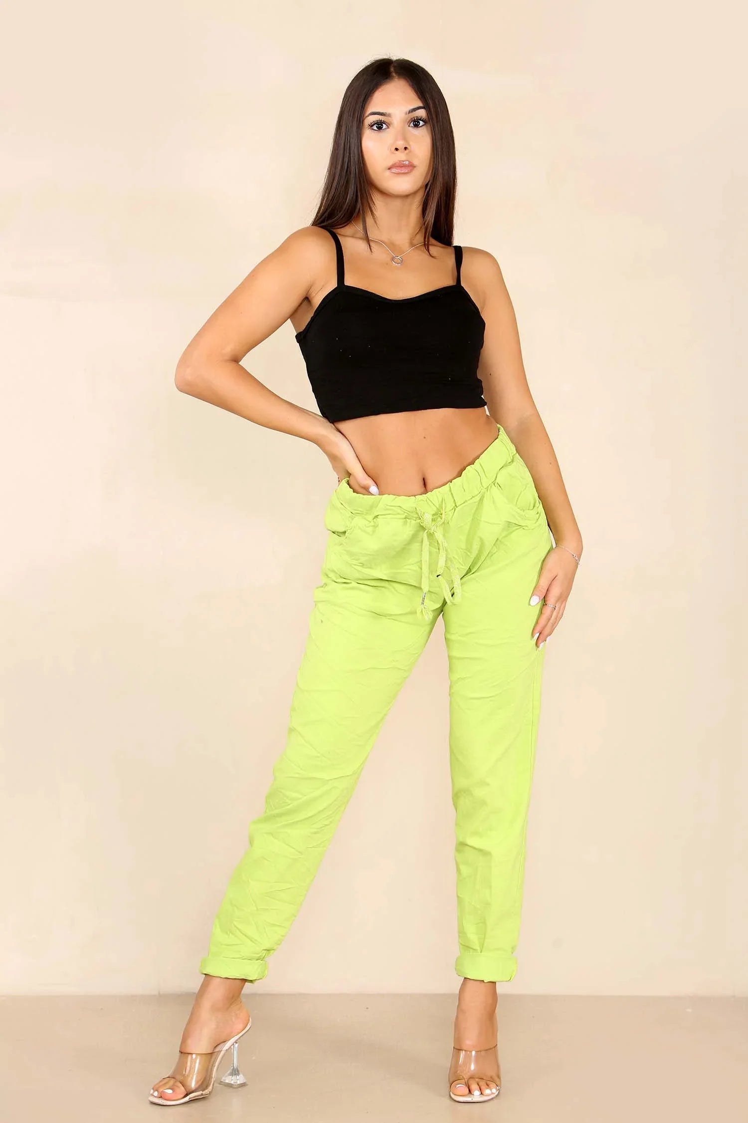 Jade Green Italian Glitter Drawstring Waistband Magic Pants For Women 14 - Dropwear