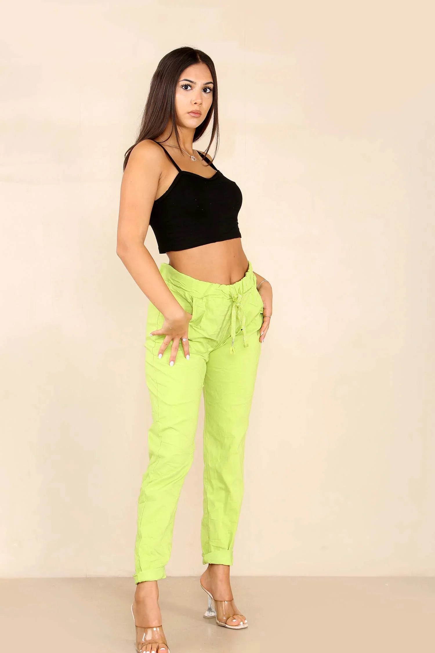 Khaki Italian Glitter Drawstring Waistband Magic Pants For Women 10 - Dropwear