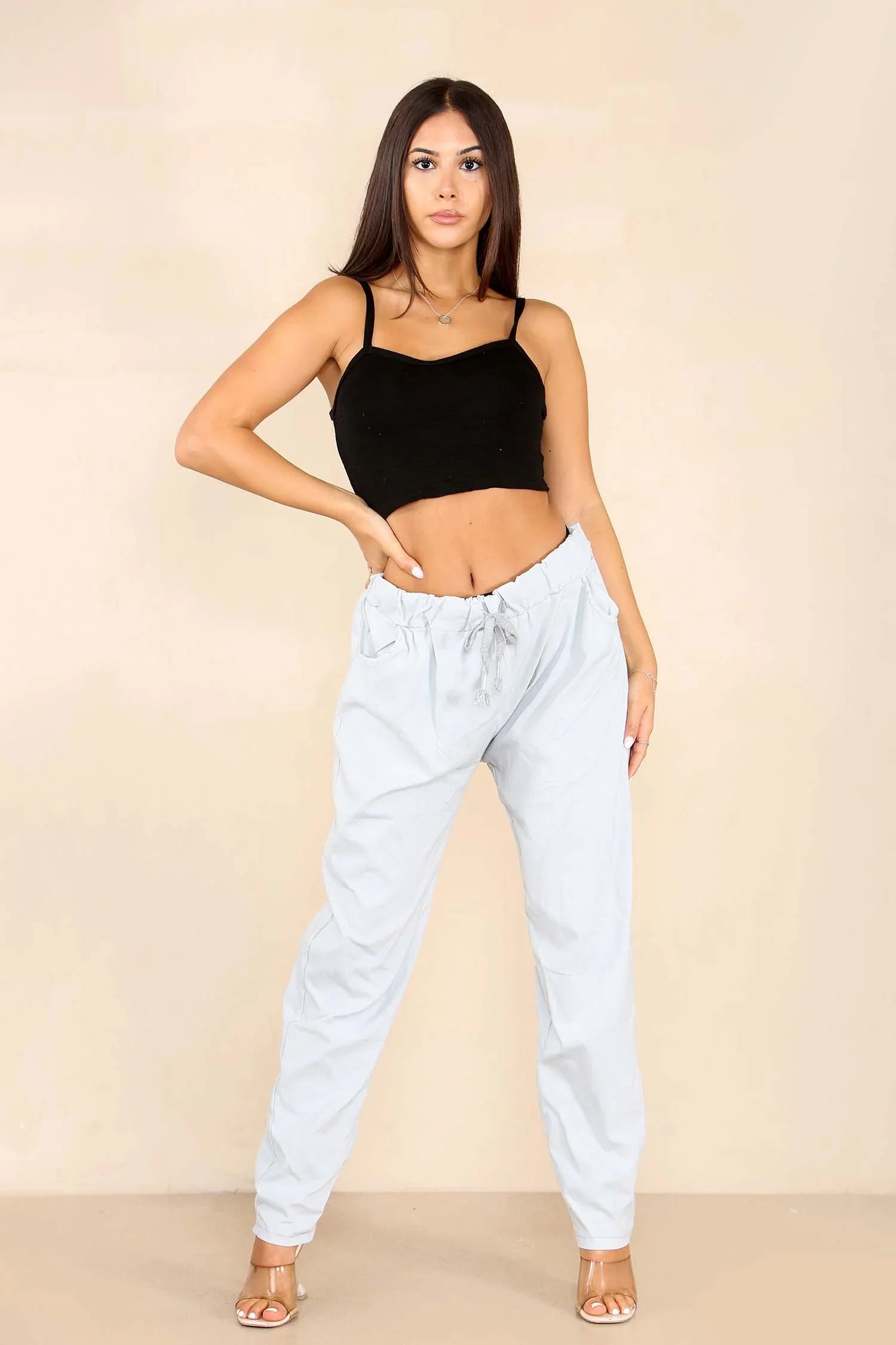 Khaki Italian Glitter Drawstring Waistband Magic Pants For Women 14 - Dropwear