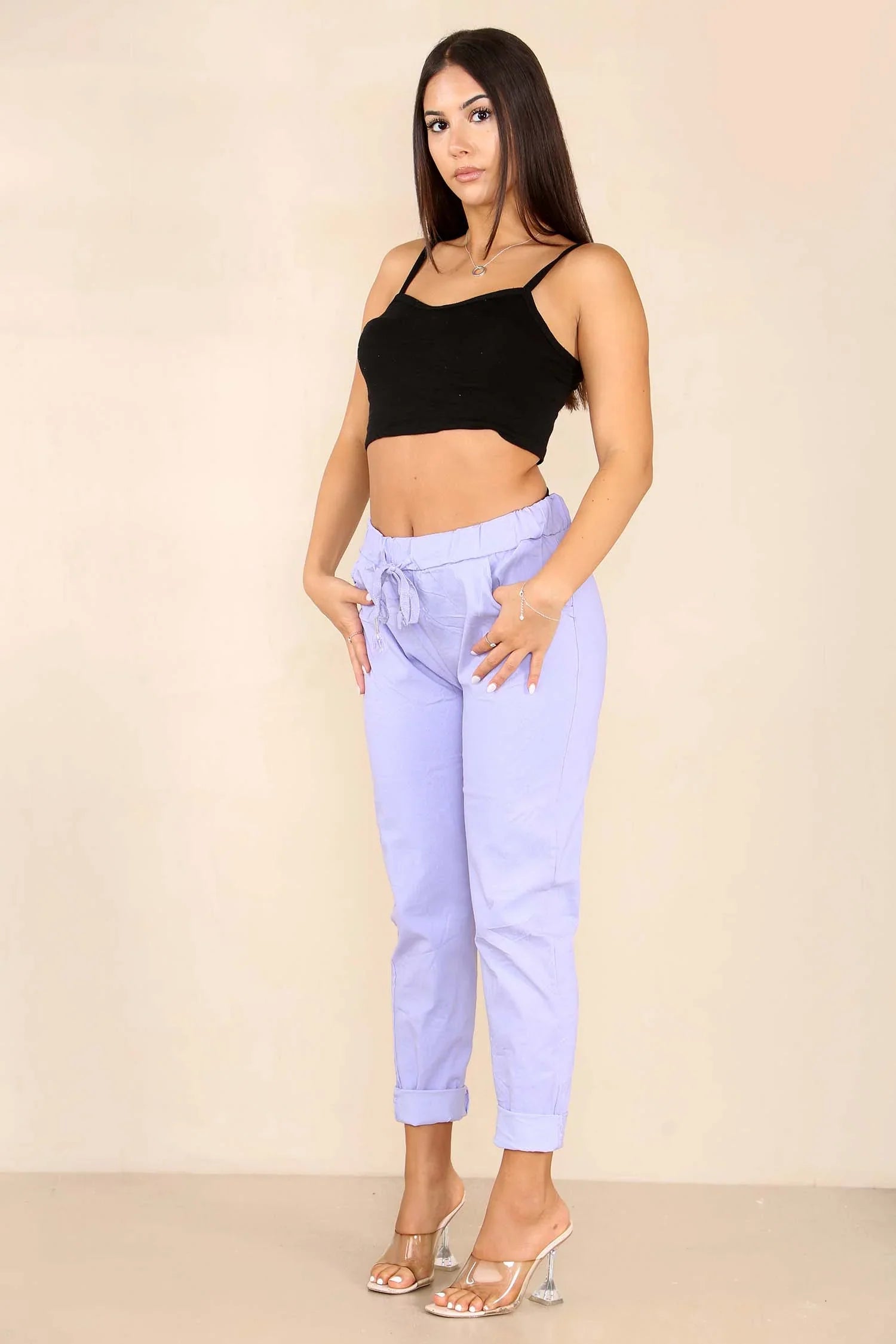 Light Grey Italian Glitter Drawstring Waistband Magic Pants For Women 8 - Dropwear