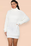 Cream Polo Roll Neck Over Sized Ribbed Knitted Florescent Chunky Sweater Jumper Dress For Women ONE SIZE FIT(8-16) - Dropwear