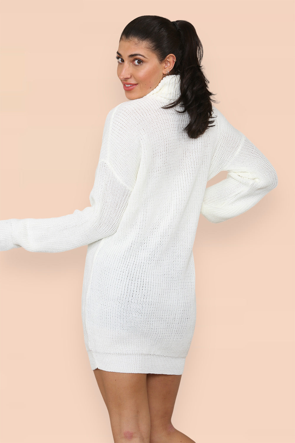 Polo Roll Neck Over Sized Ribbed Knitted Florescent Chunky Sweater Jumper Dress For Women  - Dropwear