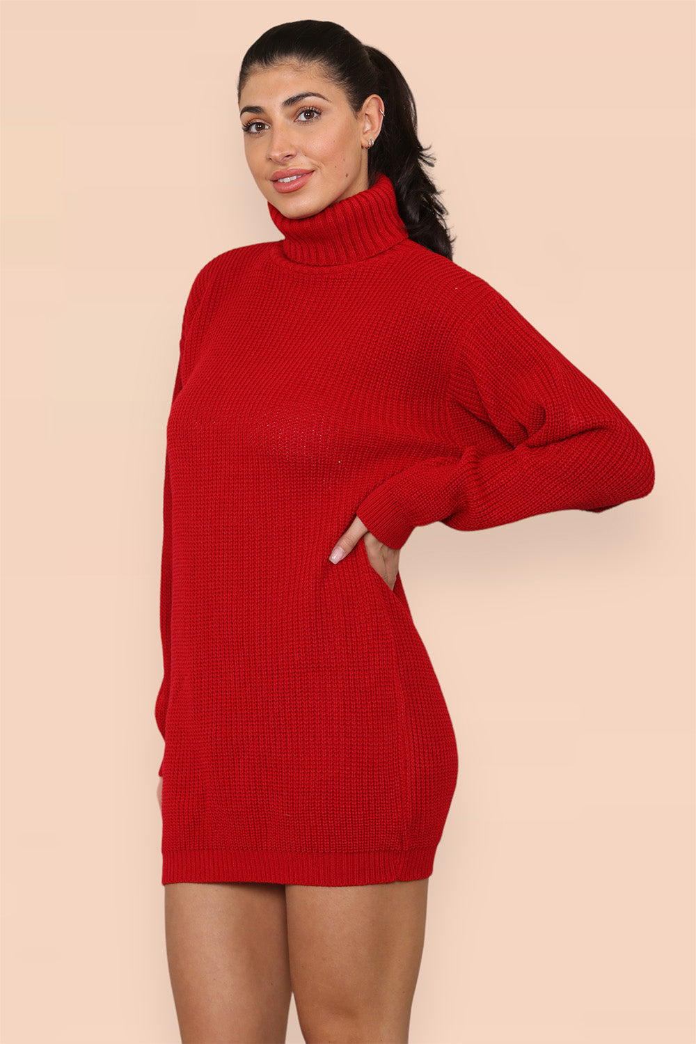 Neon Orange Polo Roll Neck Over Sized Ribbed Knitted Florescent Chunky Sweater Jumper Dress For Women ONE SIZE FIT(8-16) - Dropwear