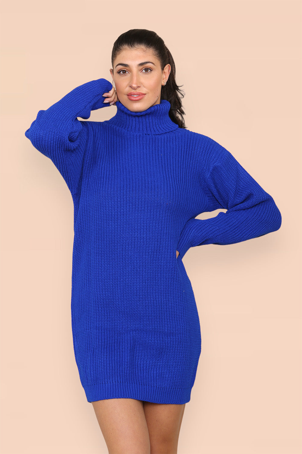 Mocha Polo Roll Neck Over Sized Ribbed Knitted Florescent Chunky Sweater Jumper Dress For Women ONE SIZE FIT(8-16) - Dropwear