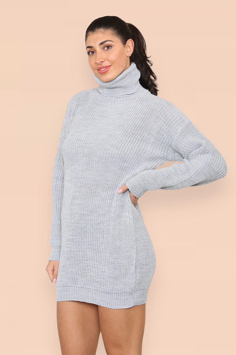 Polo Roll Neck Over Sized Ribbed Knitted Florescent Chunky Sweater Jumper Dress For Women  - Dropwear
