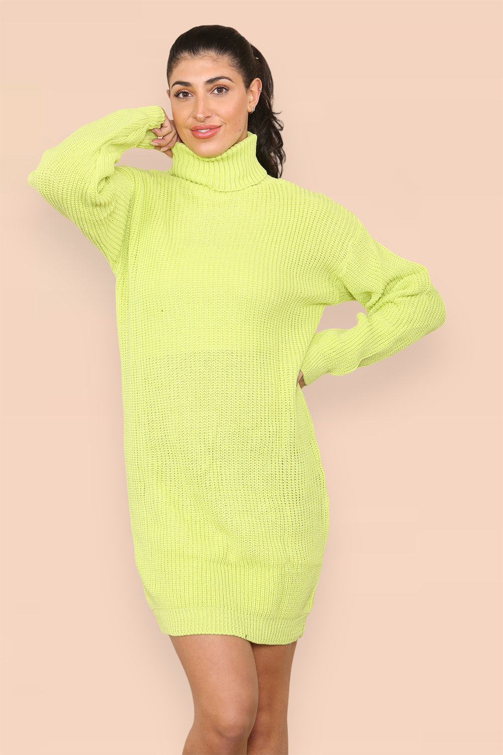 Forest Green Polo Roll Neck Over Sized Ribbed Knitted Florescent Chunky Sweater Jumper Dress For Women ONE SIZE FIT(8-16) - Dropwear