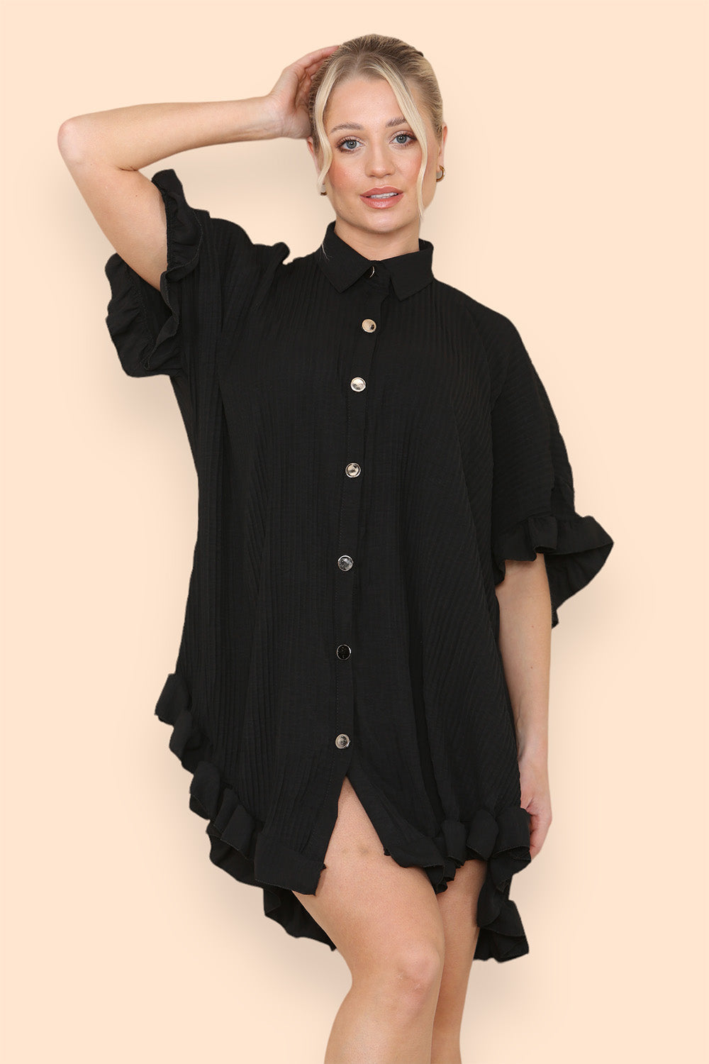 OverSized Italian Gold Button Pleated Frill Ruffle Dress Top For Women  - Dropwear