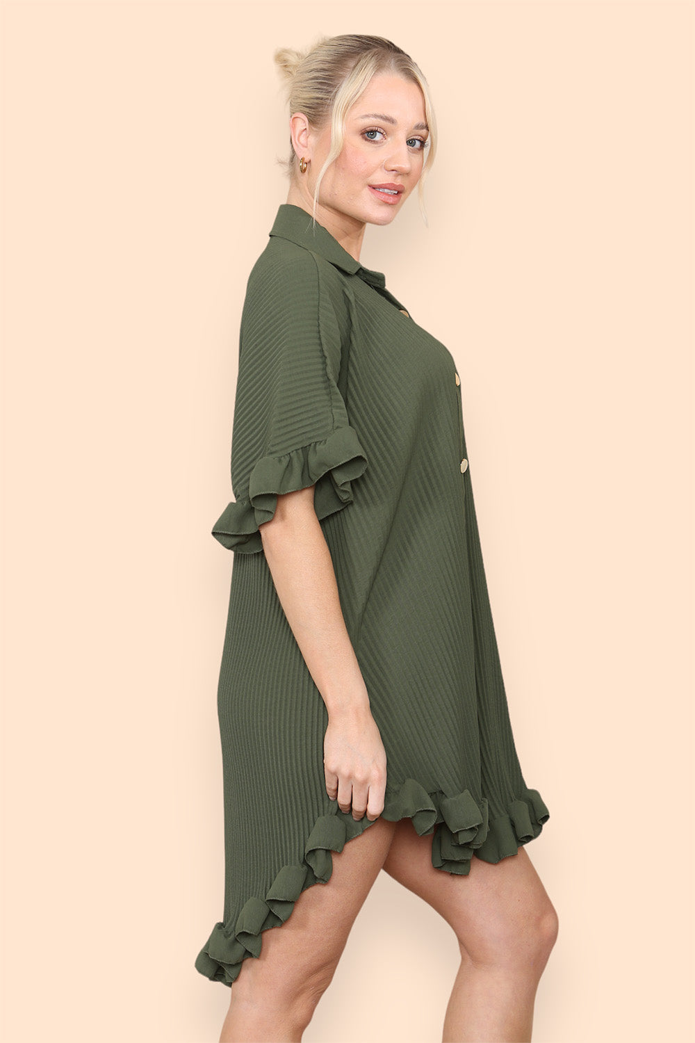OverSized Italian Gold Button Pleated Frill Ruffle Dress Top For Women  - Dropwear