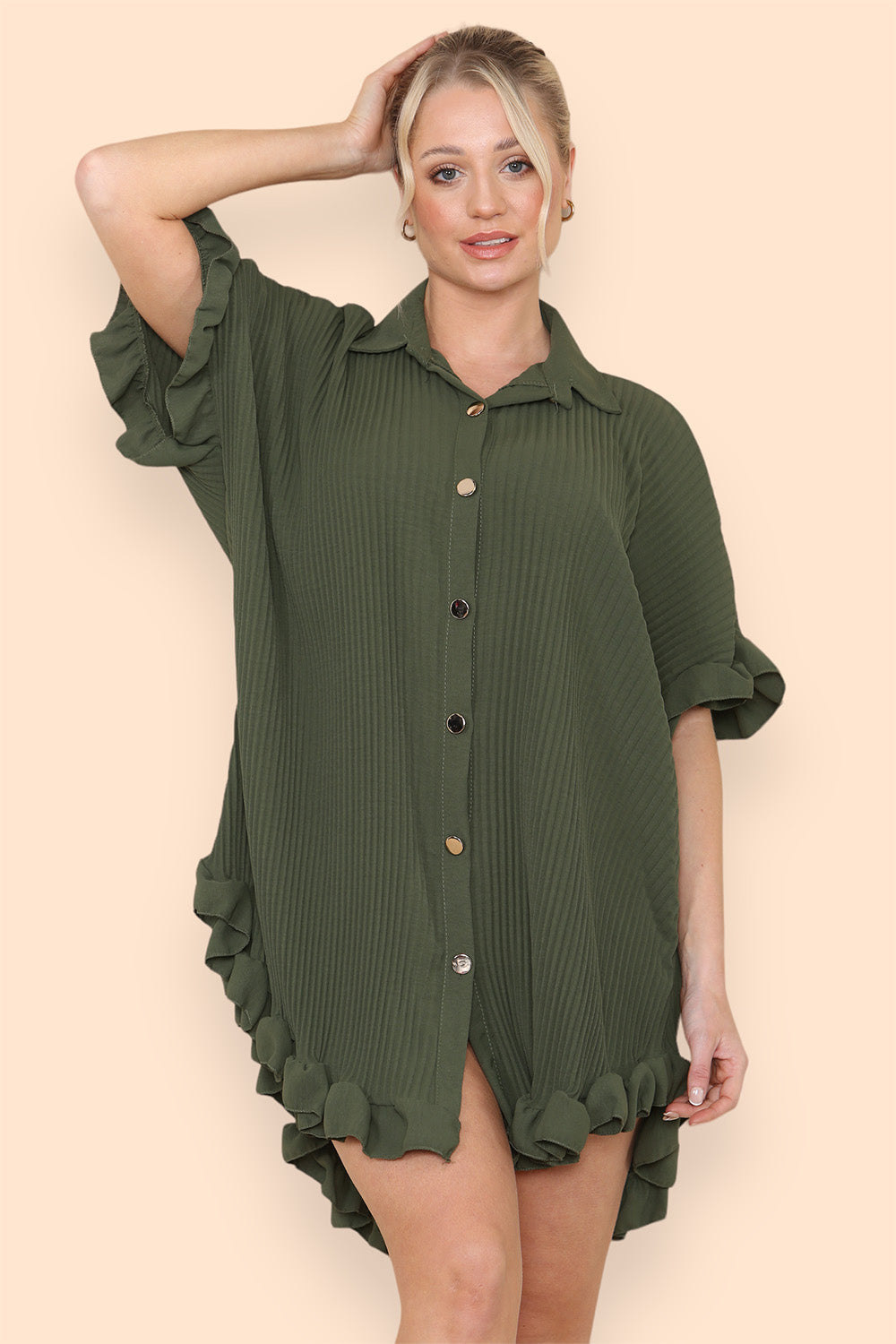 OverSized Italian Gold Button Pleated Frill Ruffle Dress Top For Women  - Dropwear