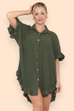 OverSized Italian Gold Button Pleated Frill Ruffle Dress Top For Women  - Dropwear