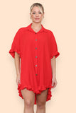 OverSized Italian Gold Button Pleated Frill Ruffle Dress Top For Women  - Dropwear