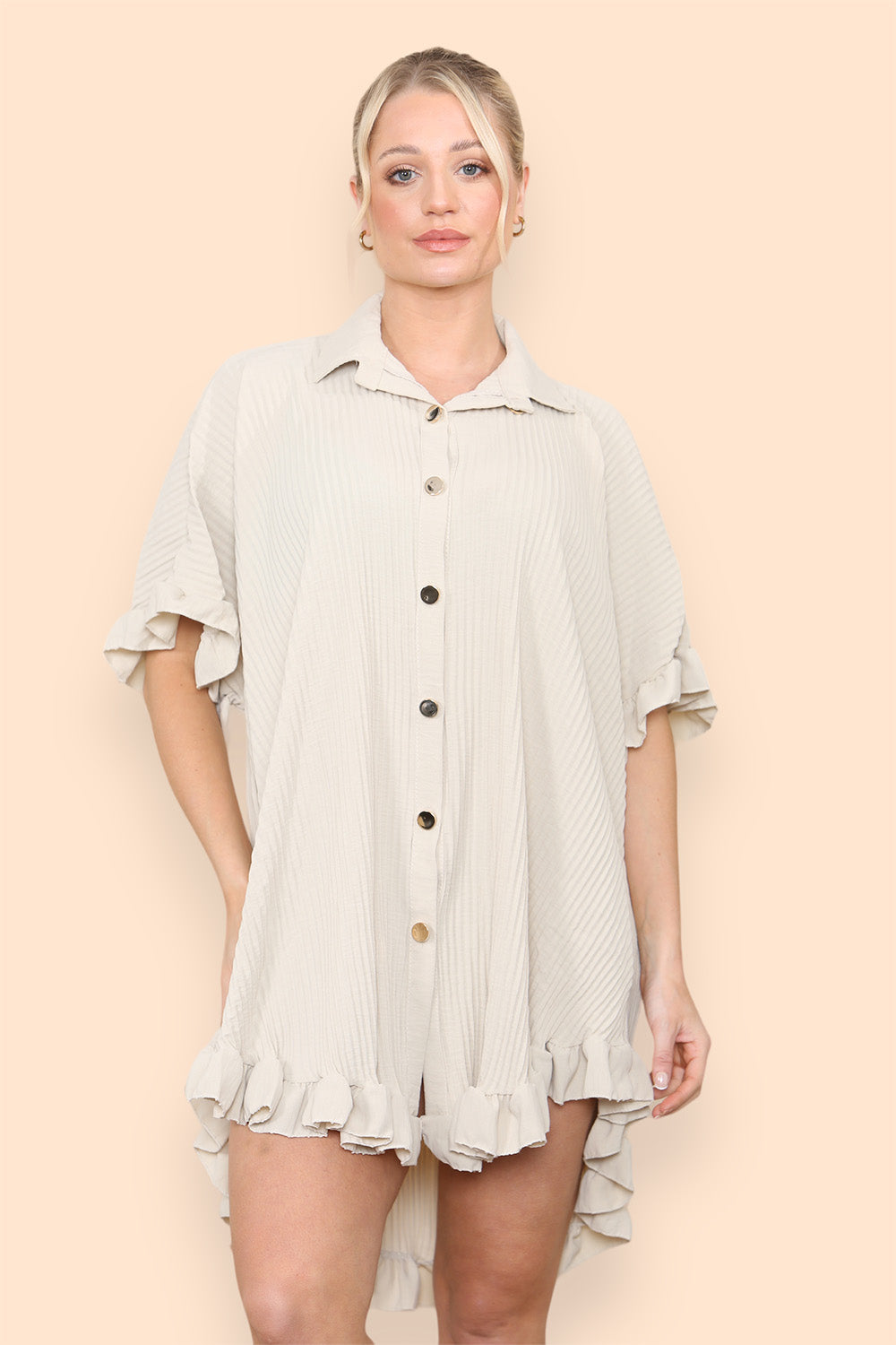 OverSized Italian Gold Button Pleated Frill Ruffle Dress Top For Women  - Dropwear