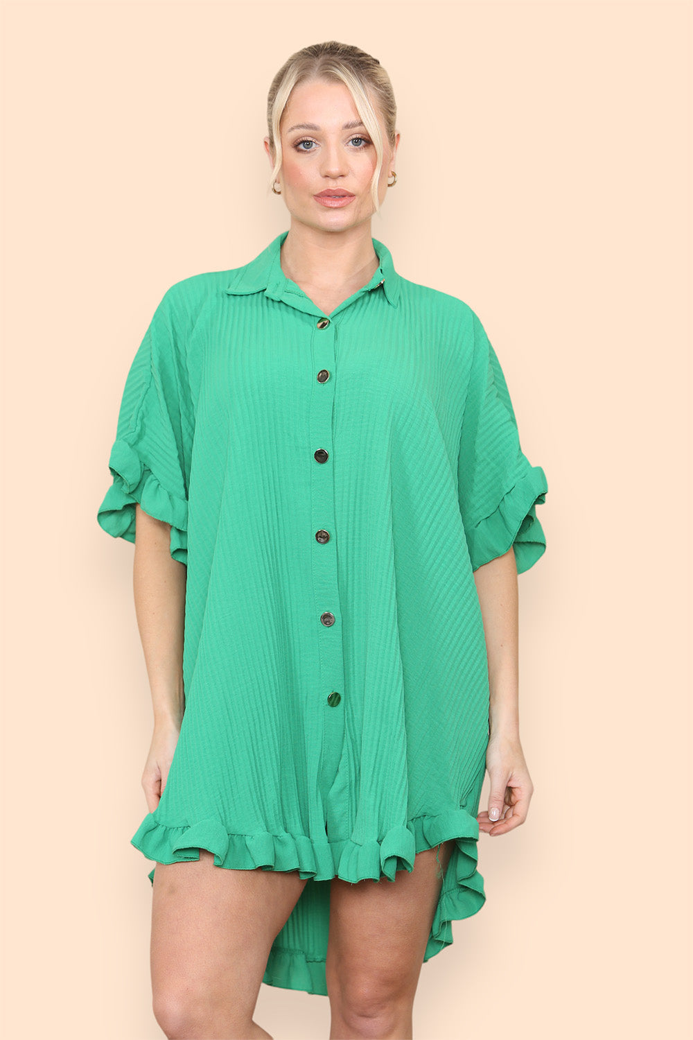 OverSized Italian Gold Button Pleated Frill Ruffle Dress Top For Women  - Dropwear