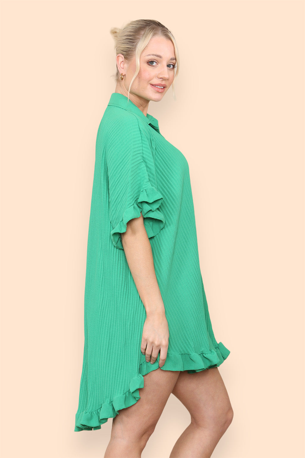 OverSized Italian Gold Button Pleated Frill Ruffle Dress Top For Women  - Dropwear