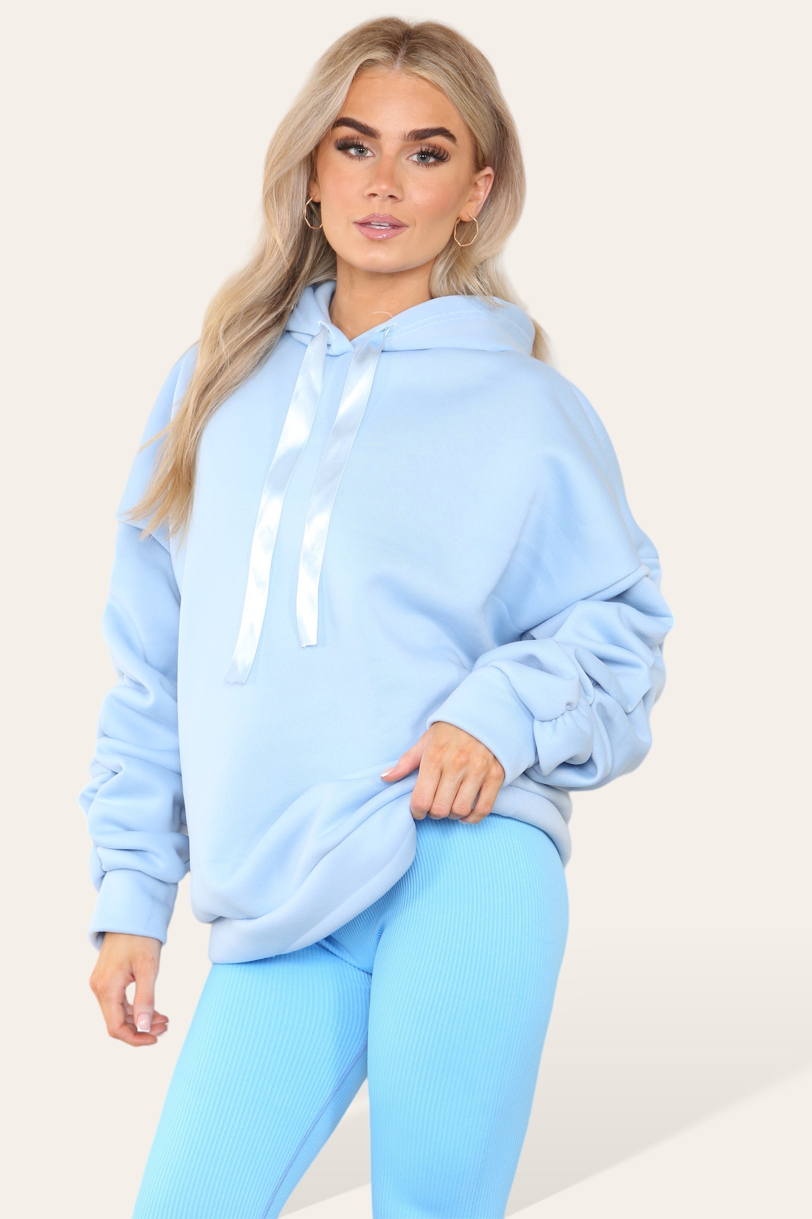 Sky Blue Oversized Ruched Sleeves Hoodie With Satin Ribbon with High Waist High Rise Seamless RibbedÂ LeggingÂ Set For Women S/M - Dropwear