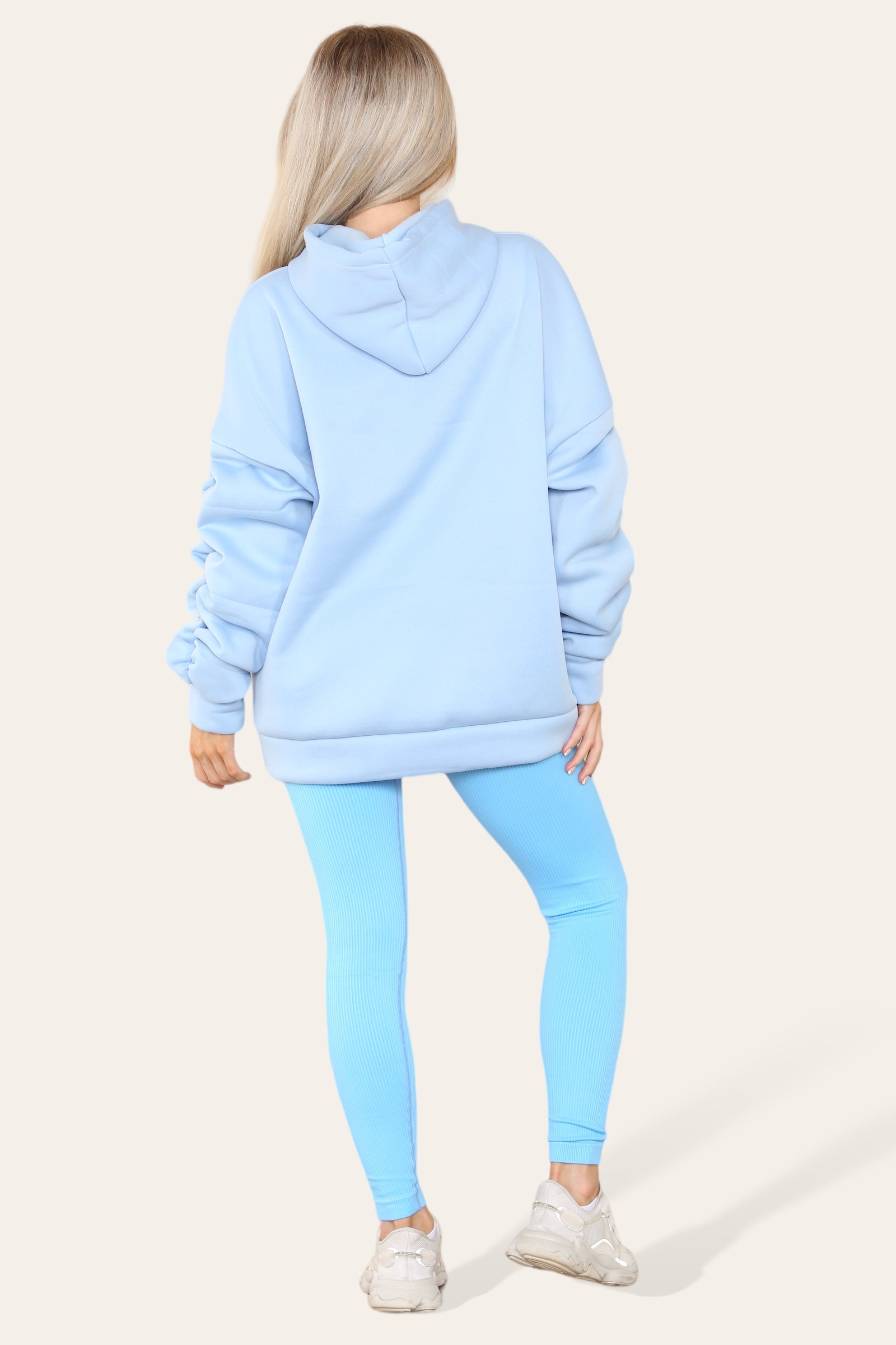 Charcoal Oversized Ruched Sleeves Hoodie With Satin Ribbon with High Waist High Rise Seamless RibbedÂ LeggingÂ Set For Women S/M - Dropwear