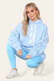 Sky Blue Oversized Ruched Sleeves Hoodie With Satin Ribbon with High Waist High Rise Seamless RibbedÂ LeggingÂ Set For Women M/L - Dropwear