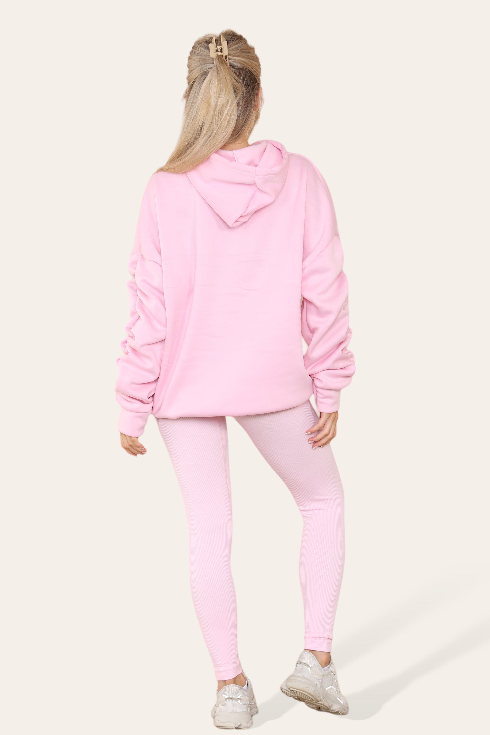 Black Oversized Ruched Sleeves Hoodie With Satin Ribbon with High Waist High Rise Seamless RibbedÂ LeggingÂ Set For Women M/L - Dropwear