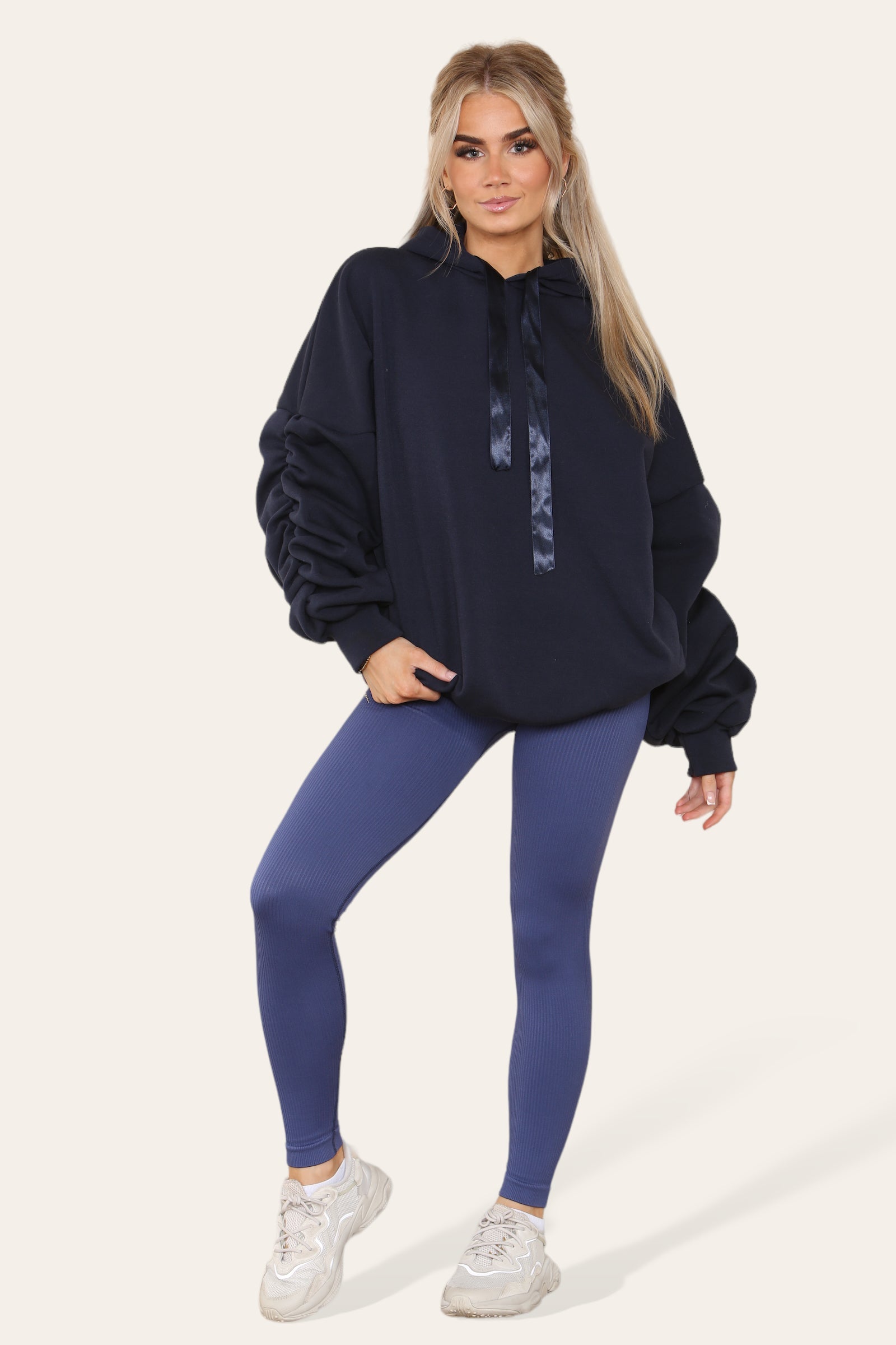 Oversized Ruched Sleeves Hoodie With Satin Ribbon with High Waist High Rise Seamless RibbedÂ LeggingÂ Set For Women  - Dropwear